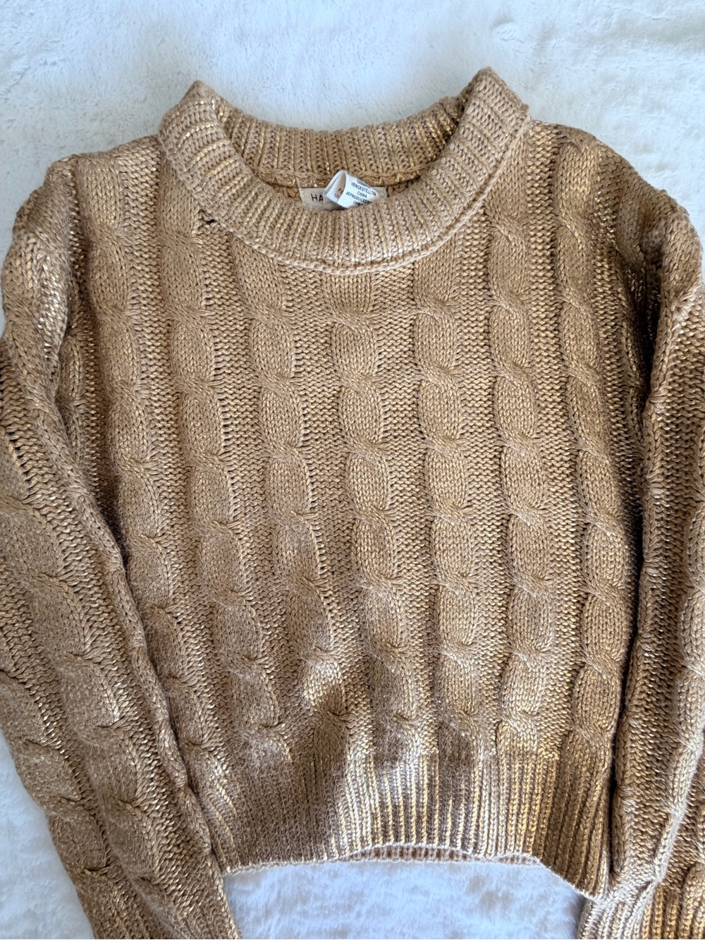 Happily Grey Kids Gold Metallic Shimmer Cable Knit Crewneck Sweater S 7-8⁠